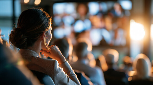 Rear view of corporate employees watching virtual town hall meeting on large bright screen with defocused video conference grid spacious white auditorium remote presentation