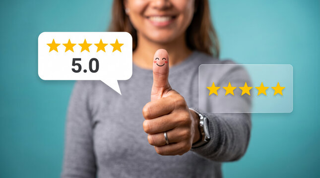Happy professional giving perfect five-star rating with thumbs up gesture in modern workspace