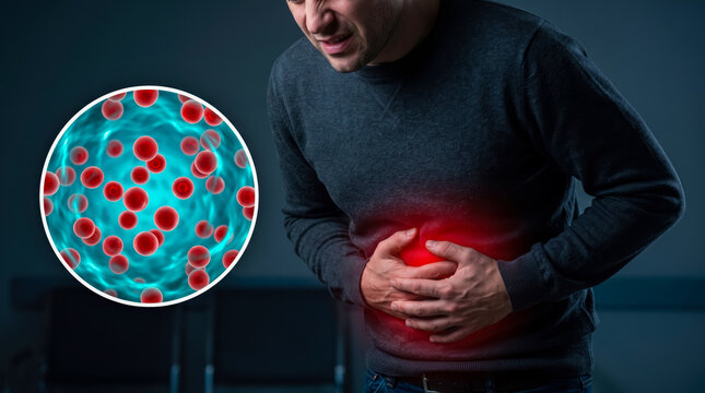 Man clutching stomach in pain with viral infection illustration overlay
