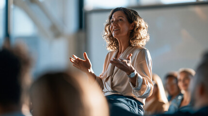 Obraz premium Confident woman presenter photographed from behind in bright modern office gesturing toward clean presentation screen audience shoulders in foreground corporate presentation