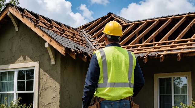Worker in hard hat and vest inspects damaged house roof. Exposed wooden beams show structural damage after storm. Homeowner assesses repair needs.
