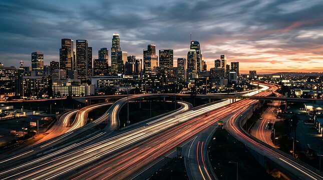 Stunning sunset over the modern brisbane city skyline with light trails on the busy highway bridge