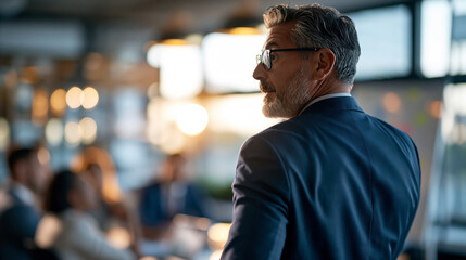 Fototapeta premium Mature businessman photographed from behind while training employees at bright office whiteboard seated team facing him corporate education mentorship seminar leadership