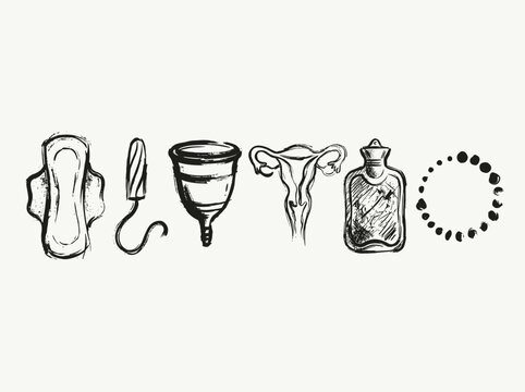 Menstrual hygiene icons, brush line art, sanitary pad, tampon, cup, uterus, cycle tracker, wellness vector