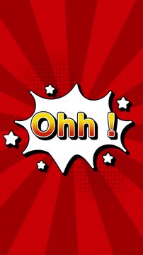 Ohh text word lettering popup comic cartoon reveal with bomb and smoke explosion manga anime book page dots radial speed lines doodle red background seamless loop vertical animation retro clip Ohh!