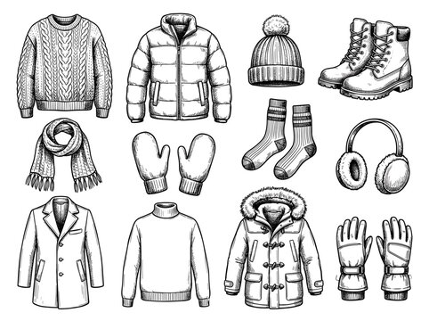 Winter clothing set, hand drawn black ink sketch of seasonal apparel and accessories, isolated elements