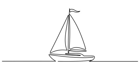 Minimalist continuous single line drawing of a simple sailboat with a small flag sailing on the ocean waves for nautical travel and summer vacation themes Vector, illustration © Badhon_Art Gallery