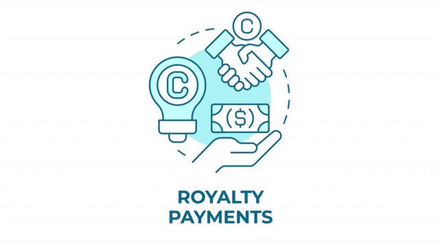 Royalty payments blue concept icon animation. Intellectual property passive income. Brand partnership payouts. Legal agreement. Cyan circular animated abstract idea. HD video with alpha channel