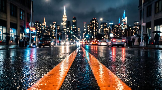 Nighttime city street view with bright lights reflecting on the wet asphalt after a heavy rain shower
