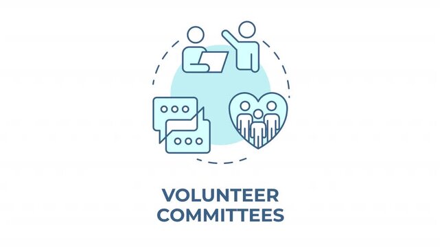 Volunteer committees blue concept icon animation. Empowering community service. Shared social responsibility. Civic engagement. Cyan circular animated abstract idea. HD video with alpha channel