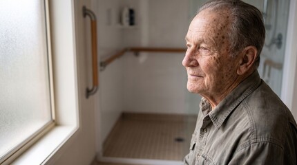 Fototapeta premium Thoughtful senior man looking out the window in an accessible bathroom with grab bars