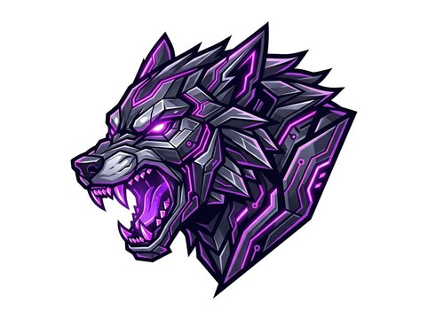 A fierce mechanical wolf head with glowing purple eyes and sharp metallic armor plating isolated on a clean white background for design