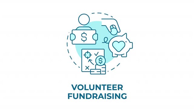 Volunteer fundraising blue concept icon animation. Charity campaign strategies. Modern nonprofit funding frameworks. Cyan circular animated abstract idea. HD video with alpha channel