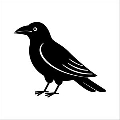 Obraz premium Vector illustration of a black raven crow bird character. Spooky Halloween design element isolated on white background for magic, gothic, witchcraft, seasonal party decor, kids prints, and stickers.