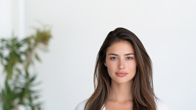 young woman corporate headshot with subtle smile, professional female employee portrait for business branding, realistic business woman portrait on white background for marketing