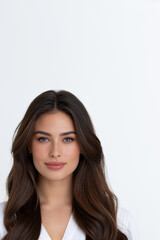 Fototapeta premium young woman corporate headshot with subtle smile, professional female employee portrait for business branding, realistic business woman portrait on white background for marketing