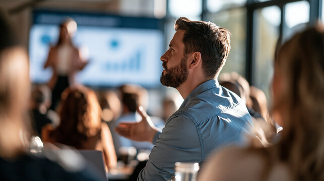 Faceless view of employee wellbeing program overview displayed on bright digital screen during human resources presentation in modern corporate training room audience shoulders