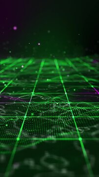 VERTICAL VIDEO, Abstract futuristic digital grid background with glowing green particles and network connections.