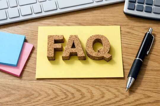 よくある質問FAQのコルク文字と仕事道具デスクに並ぶ
