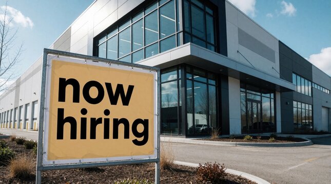 Yellow sign with now hiring text stands in front of large modern industrial building. Warehouse exterior features glass windows, metal walls under blue sky. Business advertisement announces job
