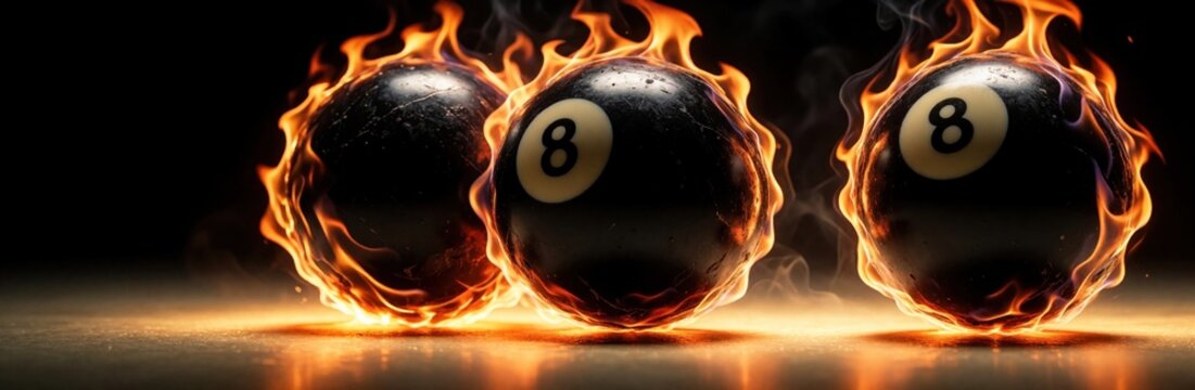 Three billiard eight balls engulfed in flames with intense heat glowing. The dark fantasy scene suggests a high-stakes game or a powerful force.