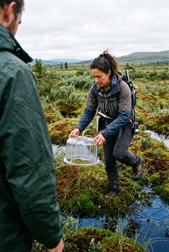Female scientist conducting environmental field research with a clear sampling chamber in a tundra wetland bog ecosystem