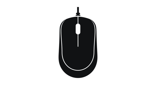 A minimalist black and white graphic illustration of a computer mouse viewed from directly above on a plain background