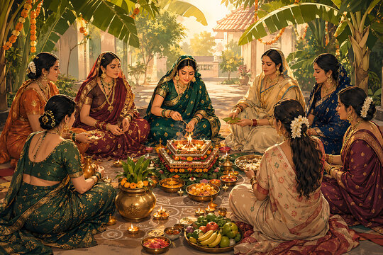 Happy hariyali teej indian women performing traditional fire ritual together in festive courtyard celebrating kajari teej with offerings flowers lamps and devotion