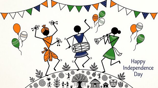 Indian independence day celebration with warli folk art style illustration featuring dancing people and festive balloons