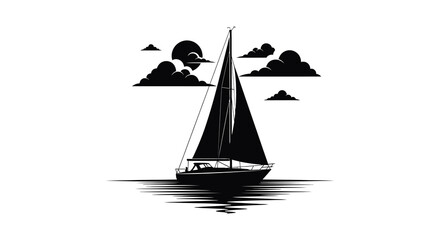 A minimalist black and white artistic illustration of a sailboat floating peacefully on calm water under a cloudy sky © Apon