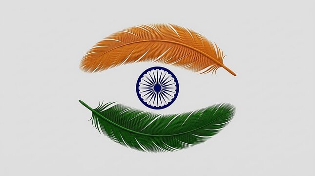 Creative artistic representation of the indian flag using saffron and green feathers with a central blue wheel