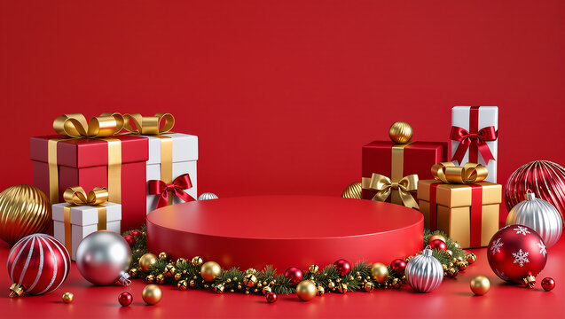 Festive Christmas Podium Display with Gifts and Ornaments