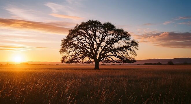 Golden hour over solitary tree in vast field.