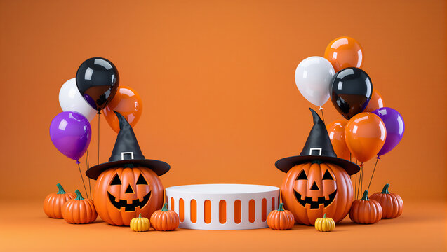 Halloween Pumpkins with Witch Hats and Balloons on Orange Background