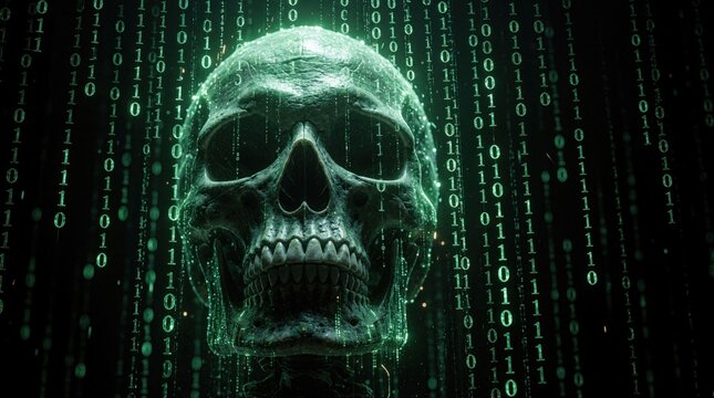 Green human skull glows amidst vertical falling binary code stream. Dark digital background shows virtual reality data network with computer programming bits. Cyber attack concept illustrates