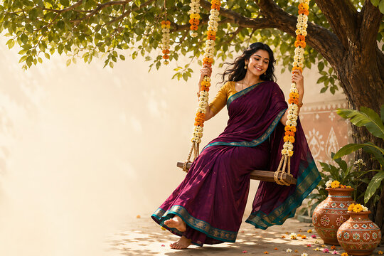 Happy hariyali teej smiling indian woman in purple sari enjoying marigold swing under leafy tree celebrating kajari teej with decorated clay pots