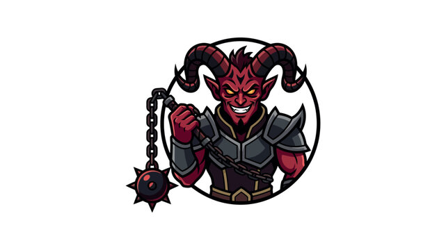 An intense red horned demon warrior holding a spiked flail in a circular badge style.