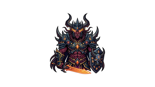A menacing dark fantasy warlord clad in elaborate horned armor wielding a glowing fiery sword and shield.