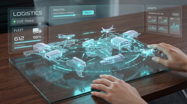 Global Logistics Digital Twin Command Center Visualizing Fleet Operations Warehouse Intelligence Route Optimization and Supply Chain Analytics Through an Interactive Enterprise Dashboard