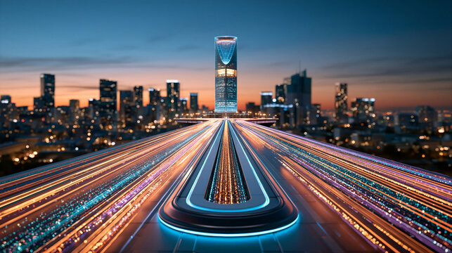 Motion-blurred lights of city traffic on highways against the backdrop of futuristic cityscape with skyscrapers. Urban traffic, transportation concept. Long exposure shot for wallpaper, poster