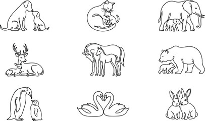 Obraz premium Continuous Line Art Animal Family Icon Collection with Mother and Baby Wildlife Symbols for Nature Graphic Design Projects