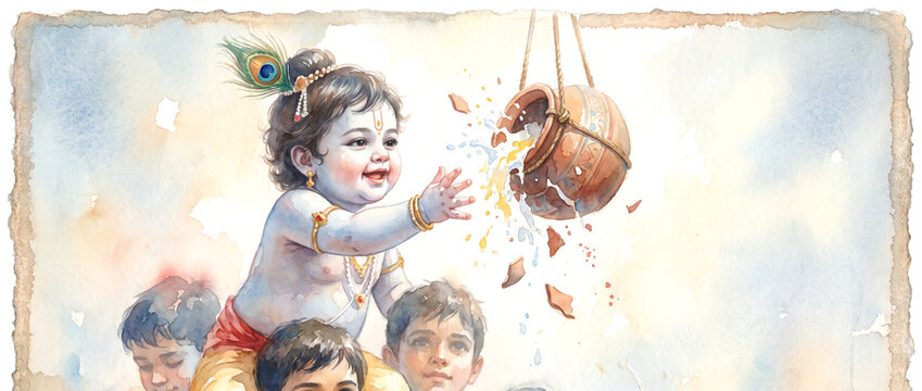 Dhai Handi Krishna Watercolor Portrait with Peacock Feather, Sacred Tilak, Dahi Handi Festival, Cheerful Children, and Traditional Janmashtami Celebration Background