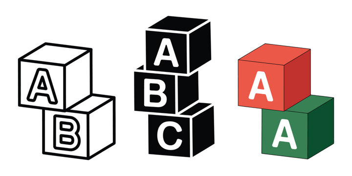 ABC blocks child toy icons collection with 3D alphabet cube illustrations, preschool education, kindergarten learning tools, playful teaching resources, child development, and educational vector 