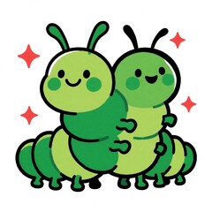 Obraz premium Two cute cartoon caterpillars hug. Bright green insects smile with antennae and small legs. Red stars sparkle around them. Perfect for kids books and educational content.
