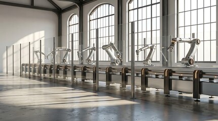 Naklejka premium Automatizacion in a modern industrial facility showing an assembly line with advanced robotic arms behind glass walls