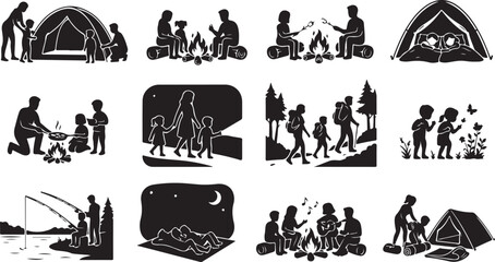 Black silhouette of families camping, sitting around a campfire, hiking in the woods, and sleeping in a tent outdoors © MD