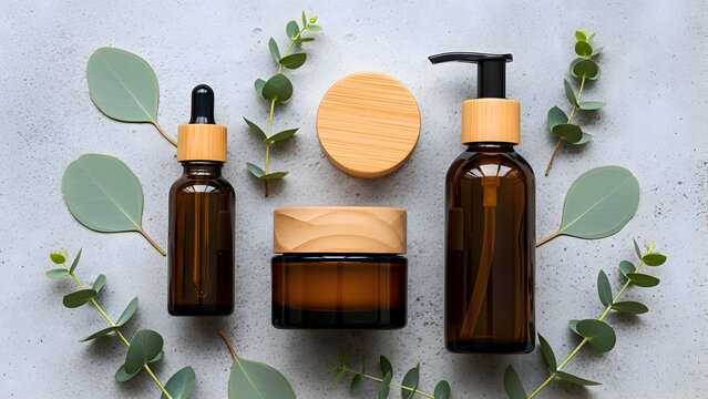 Natural skincare products with eucalyptus leaves on a gray background amber glass bottles and wooden lids organic beauty concept