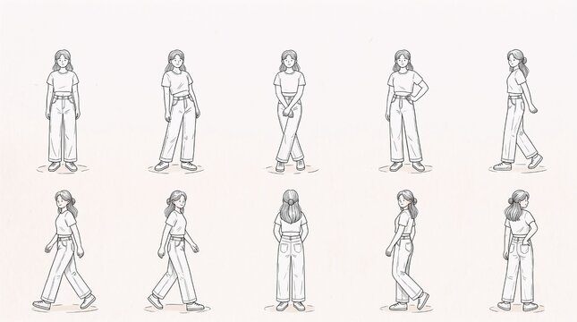 Female Figure Pose Reference Sheet Ten Walking Standing Positions Line Art Sketch Animation Study White Background