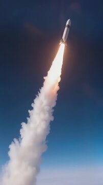 Multistage rocket ascending through upper atmosphere with bright engine fire and thick white smoke trail. Vertical video of spacecraft launch against dark blue sky.
