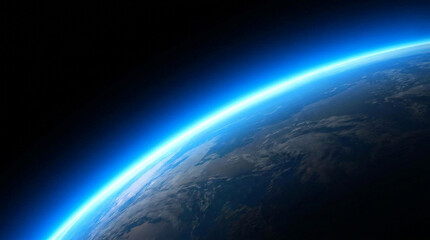 Fototapeta premium Dynamic orbital view of earth with bright blue atmosphere and land masses tilted in deep space.